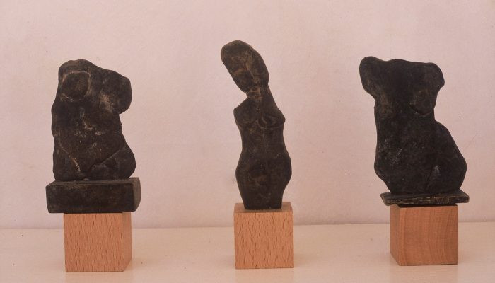Fragments, detail. Three bronze figures with patina, 1992.   90 - 130mms (3.5 -5") approx. on boxwood plinths