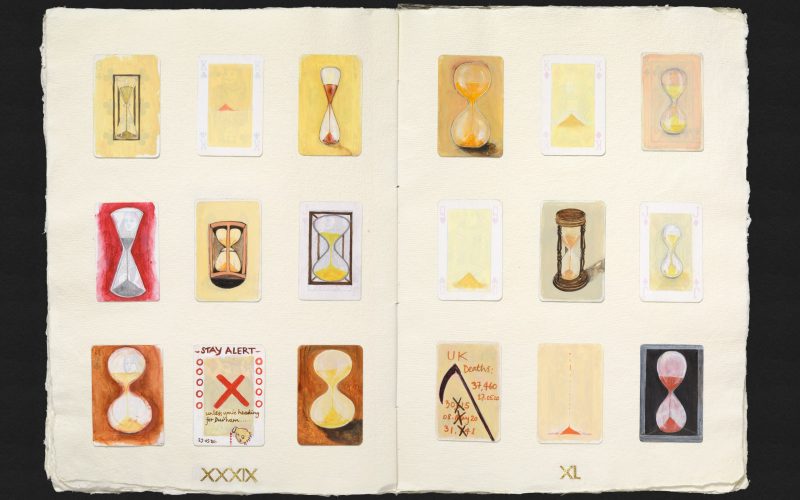 Hour glasses from Book of Hours I, 2020. Mixed media on playing cards with gold leaf numerals.