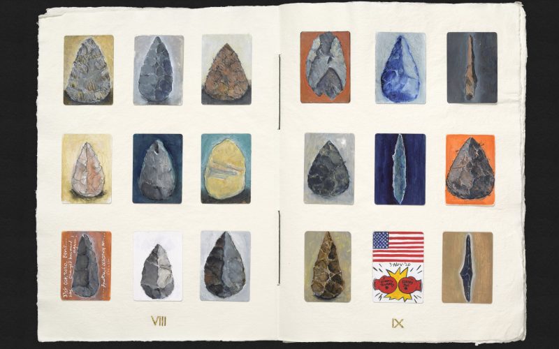 Hand axes from Book of Hours II, 2020-21. Mixed media on playing cards with gold leaf numerals.